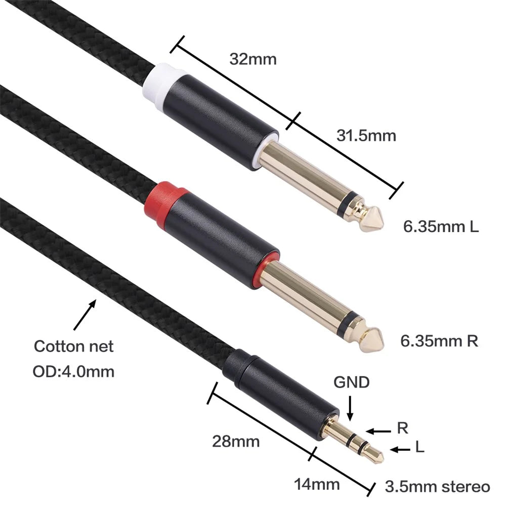 3.5mm to Double 6.35mm Aux Cable 2 Mono 6.35 Jack to 3.5 Male Audio Cable 2m for Phone to Mixer Amplifier - 3