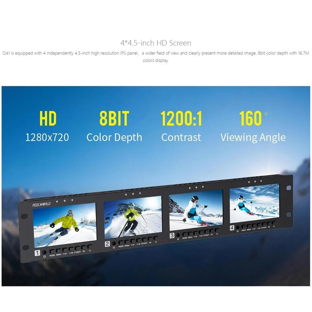 FEELWORLD Q41 4.5 inch 2RU Rack-Mount Broadcast Display 3G-SDI  /  4K HD  /  AV Quad-Screen Broadcast Multi-Viewer - US Plug - 7