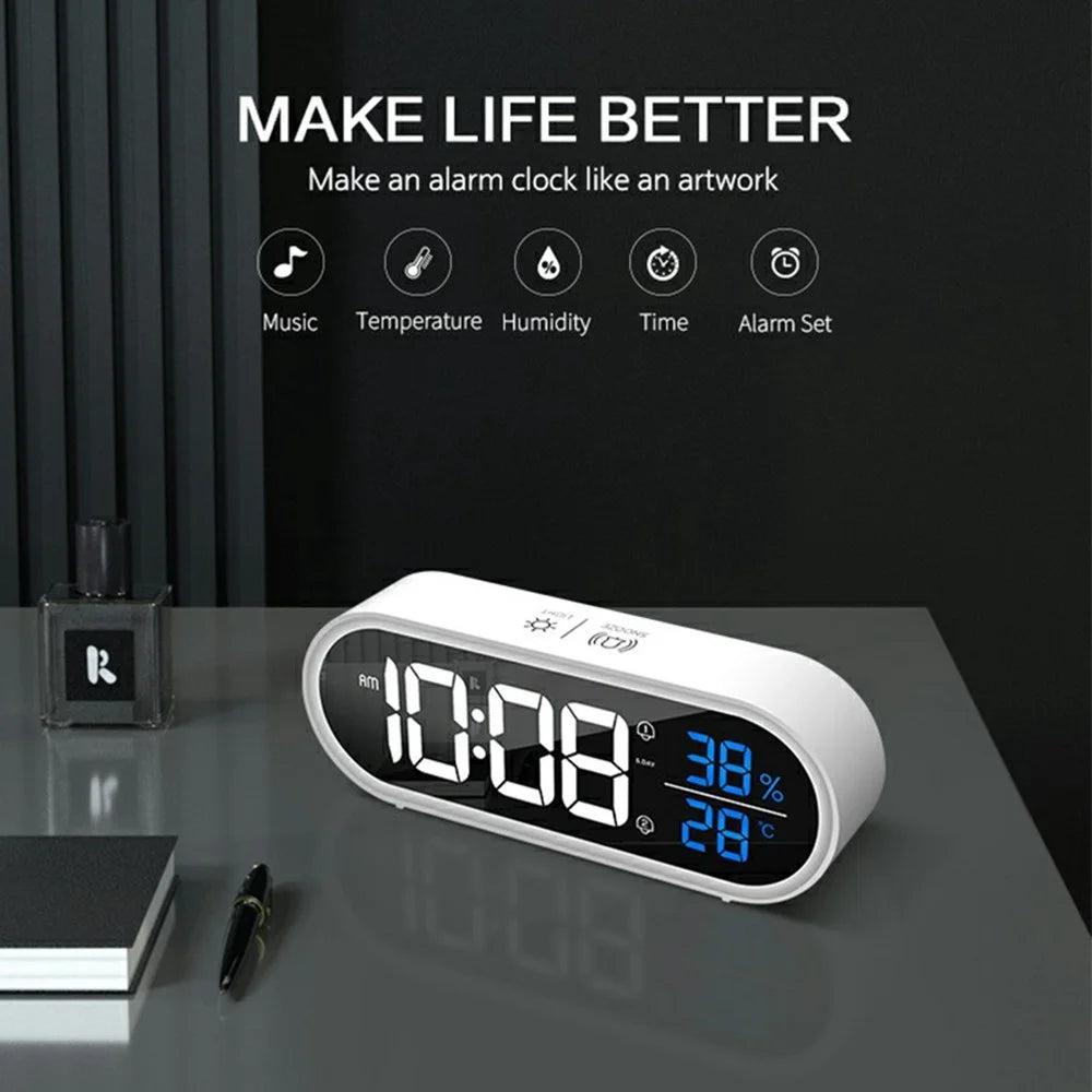GS-8811 LED Mirror Alarm Clock Digital Display Thermometer Hygrometer Smart Music Clock - White - 4