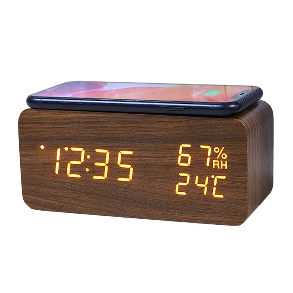 YC-9087 Wooden Digital LED Alarm Clock with Temperature Humidity Display Built-in Wireless Charging Pad (No Battery) - Brown Wood White Light - 1