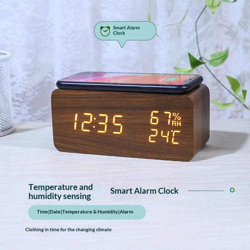 YC-9087 Wooden Digital LED Alarm Clock with Temperature Humidity Display Built-in Wireless Charging Pad (No Battery) - Brown Wood White Light - 3