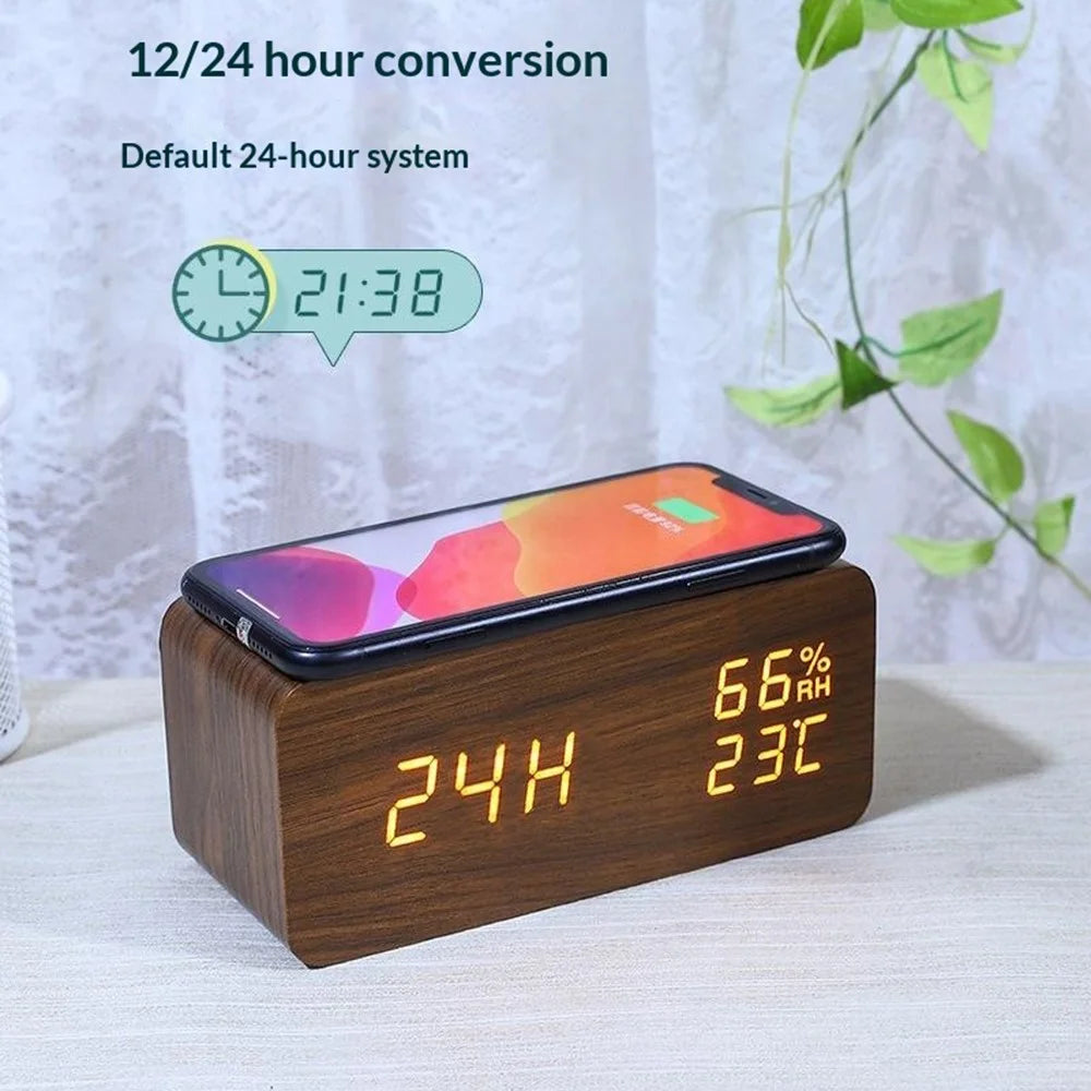 YC-9087 Wooden Digital LED Alarm Clock with Temperature Humidity Display Built-in Wireless Charging Pad (No Battery) - Brown Wood White Light - 5