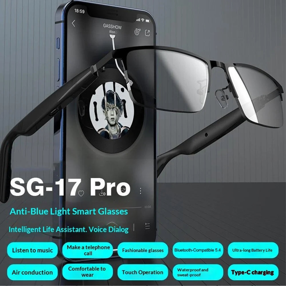 SG-17 Pro Smart Audio Glasses Bluetooth-compatible 5.4 Anti-Blue Light Air Conduction Glasses for Calls Music - Black - 3