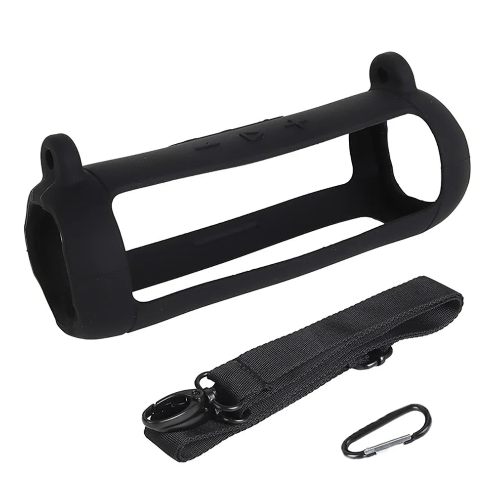 Soft Silicone Case for JBL Flip 7 Bluetooth-compatible Speaker Protective Cover with Shoulder Strap Carabiner - Black - 1