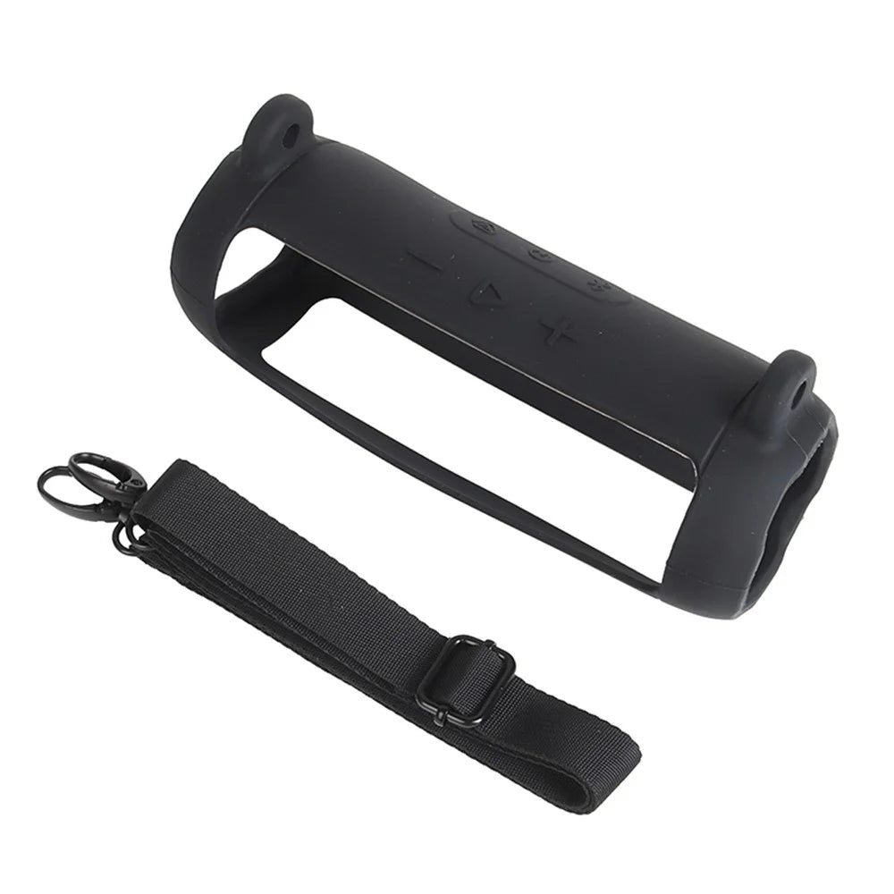Soft Silicone Case for JBL Flip 7 Bluetooth-compatible Speaker Protective Cover with Shoulder Strap Carabiner - Black - 2