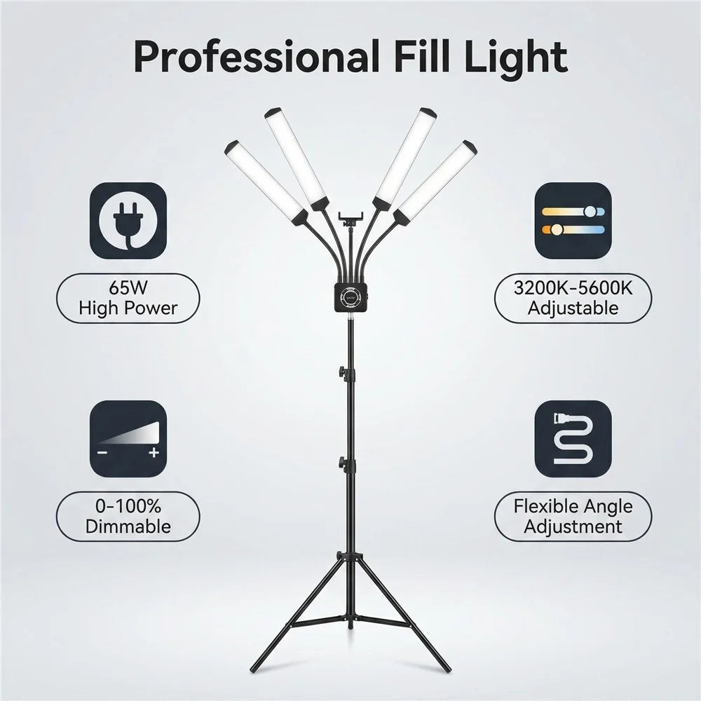 HD-150XJ 4-Arm Fill Light 3200K-5600K Adjustable Remote Control 65W LED Photography Light for Beauty Live Streaming - Black - 2