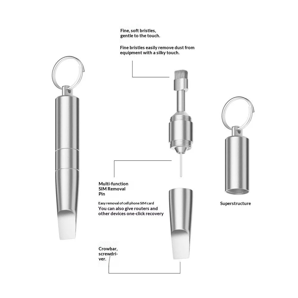CS-02 3-in-1 Keychain Repair Tool Multi-function Portable SIM Card Ejector Pin Cleaning Brush Screwdriver for Phone Repair - Silver - 2
