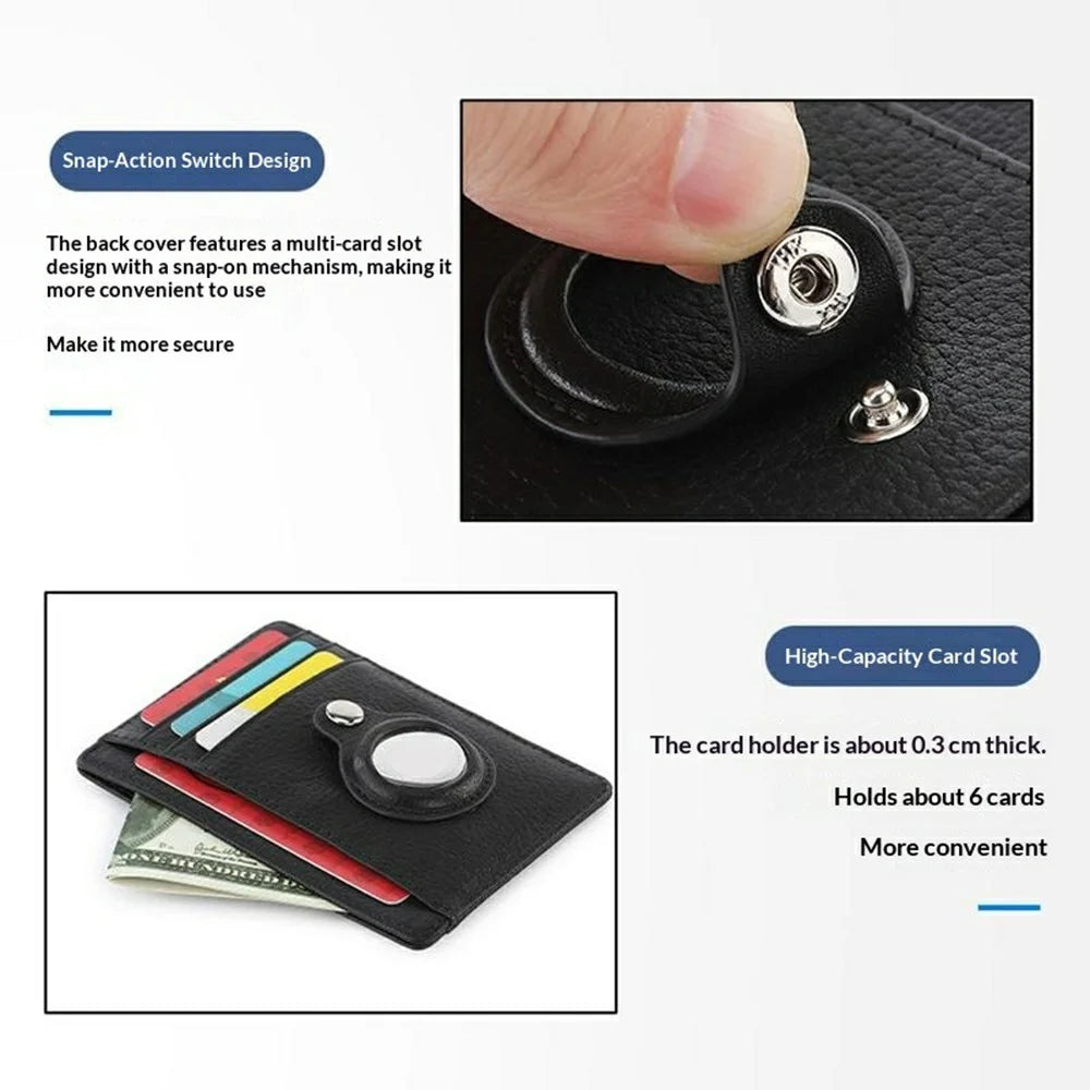 Card Holder RFID Blocking Top-Grain Cowhide Leather Card Wallet for AirTag Tracker with 2Pcs Protective Film - Black - 2