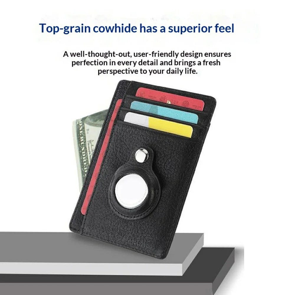 Card Holder RFID Blocking Top-Grain Cowhide Leather Card Wallet for AirTag Tracker with 2Pcs Protective Film - Black - 4