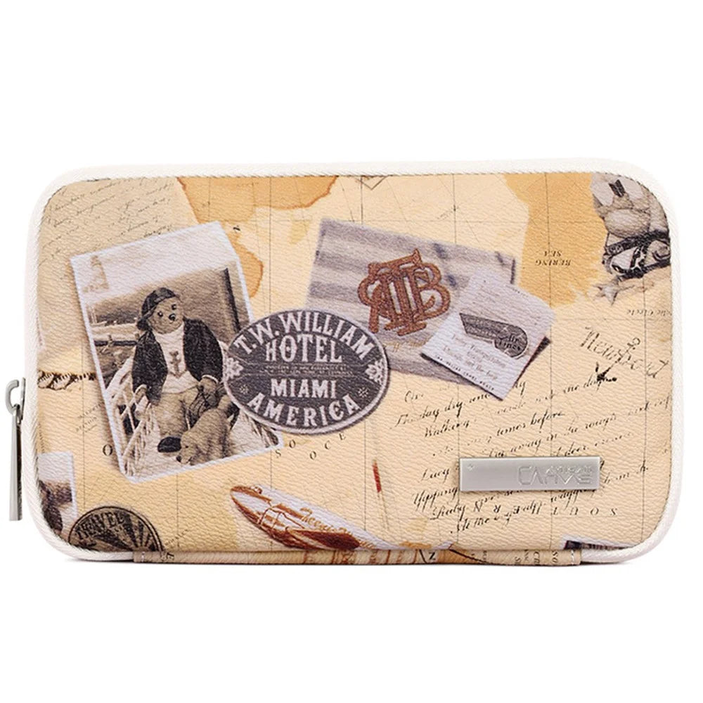 CANVASARTISAN G3-S21 Retro Postcard Pattern PU Leather Power Bank Mouse Carrying Bag Digital Accessories Zipper Storage Case Phone Pouch - Khaki - 1