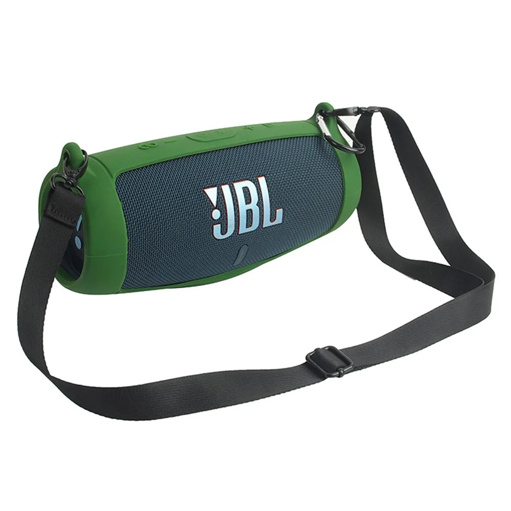 For JBL Charge 5 Silicone Carrying Case Bluetooth-compatible Speaker Anti-drop Protective Cover with Shoulder Strap and Carabiner - Army Green - 3