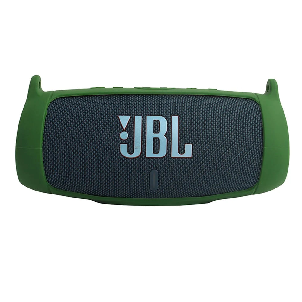 For JBL Charge 5 Silicone Carrying Case Bluetooth-compatible Speaker Anti-drop Protective Cover with Shoulder Strap and Carabiner - Army Green - 6