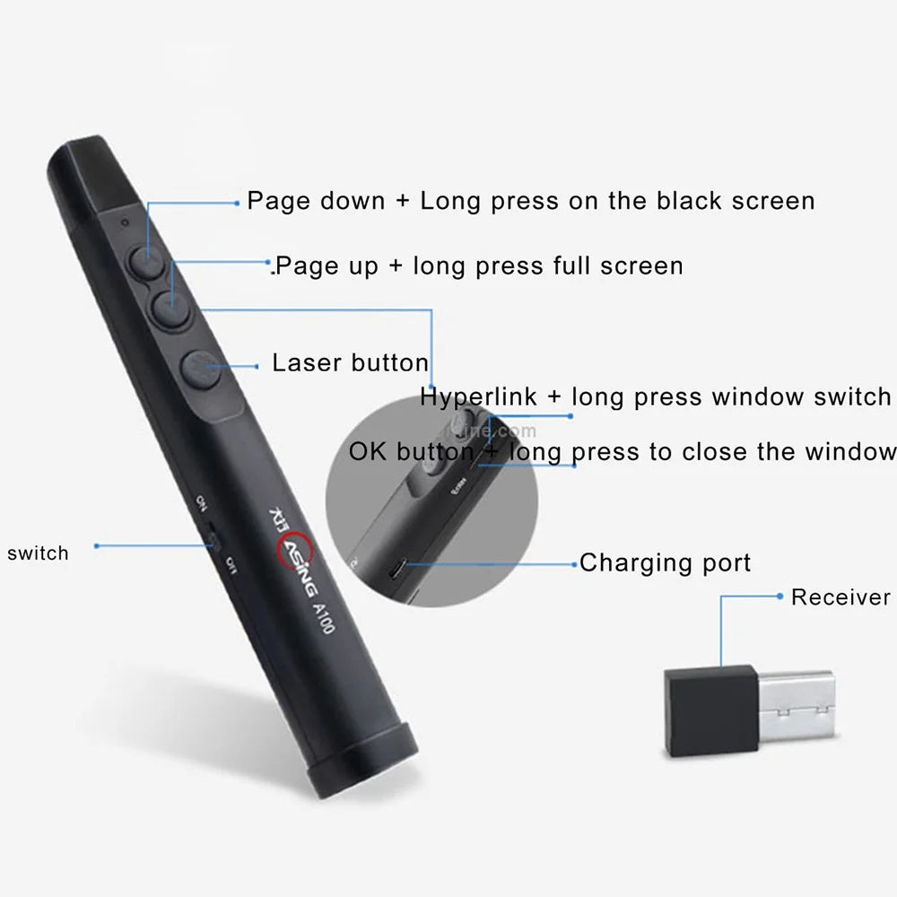ASING A100 Wireless Lecture Presentation Remote Control Pointer Red Laser PPT Page Turning Pen - 7
