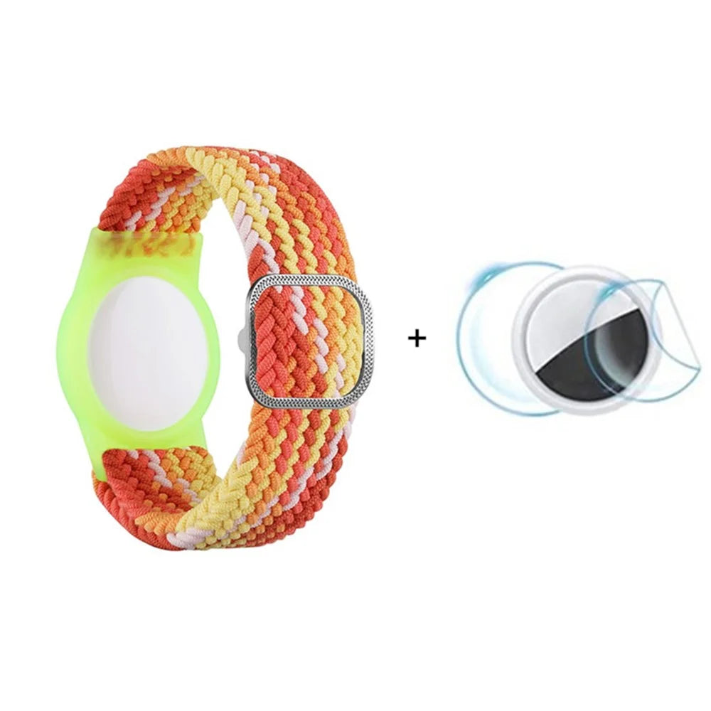 For Apple AirTag Nylon Bracelet Watch Band with TPU Anti-Loss Locator Case Holder, with Front Back Film Set - Colorful Orange - 1