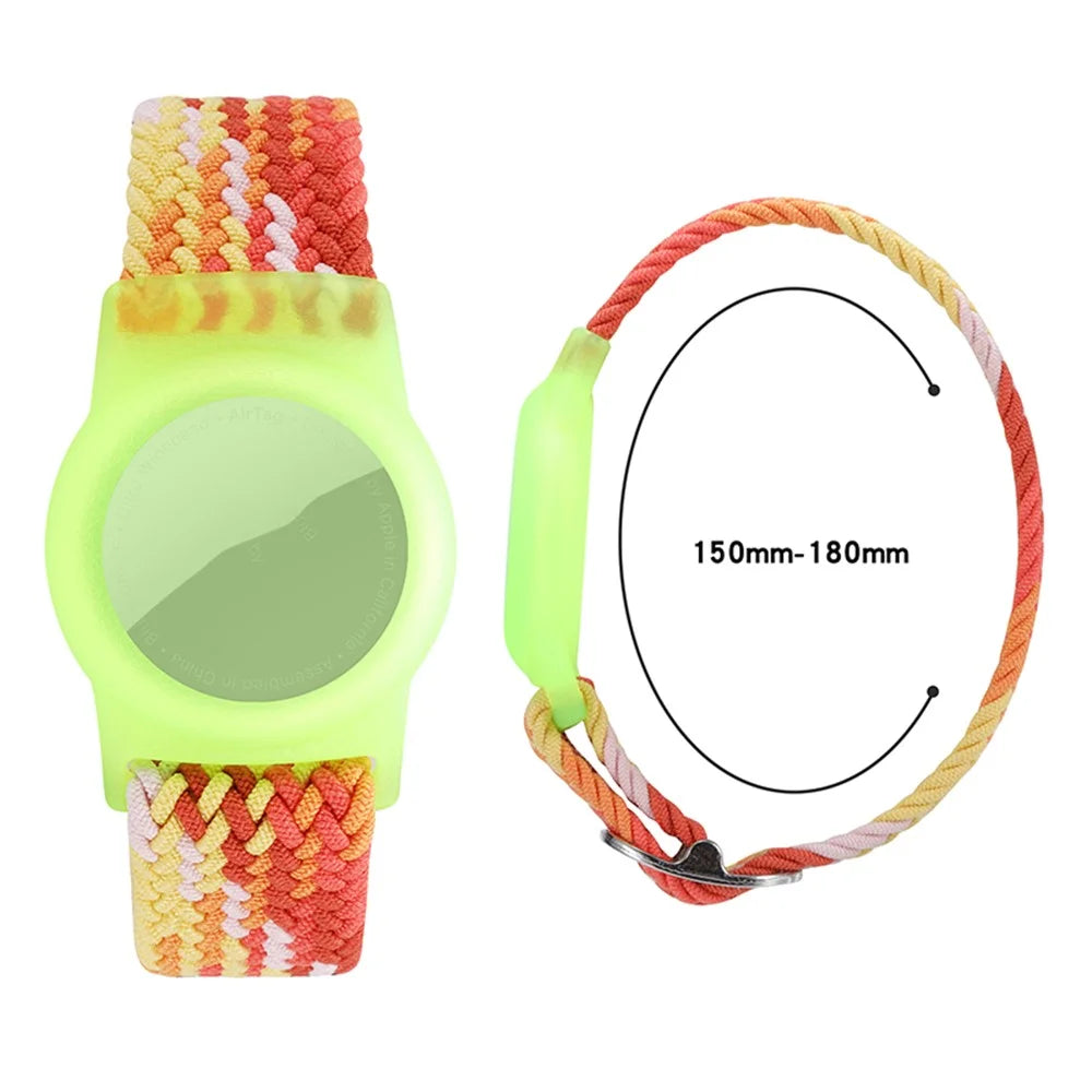 For Apple AirTag Nylon Bracelet Watch Band with TPU Anti-Loss Locator Case Holder, with Front Back Film Set - Colorful Orange - 2