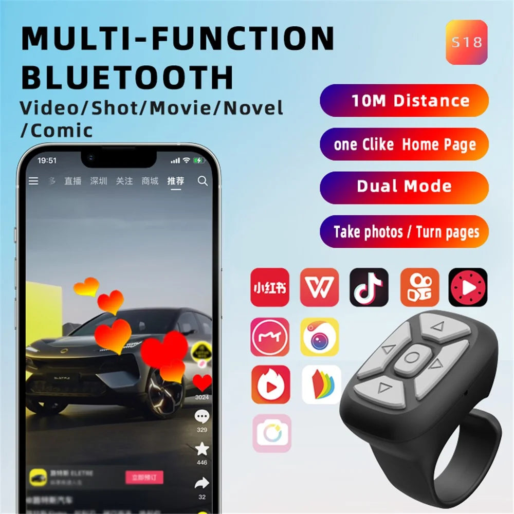 S18 Multi-Function Bluetooth-compatible Mobile Phone Remote Control Wireless Cell Phone APP Controller E-books Flipping Remote - Black - 2