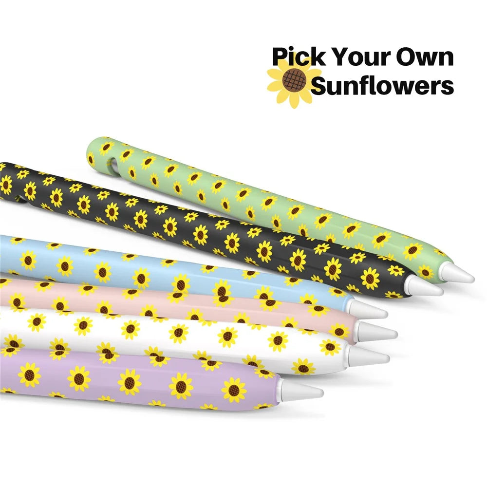 AHASTYLE PT93SF Protective Sleeve for Apple Pencil (1st Generation), Skin-touch Sunflower Pattern Silicone Case Cover - White - 3