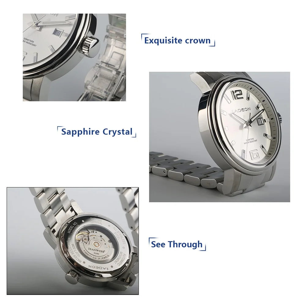 LADEON Sapphire Crystal Glass Men Watch Stylish Stainless Steel Mechanical Wrist Watch - Steel Color LAD10025 - 5