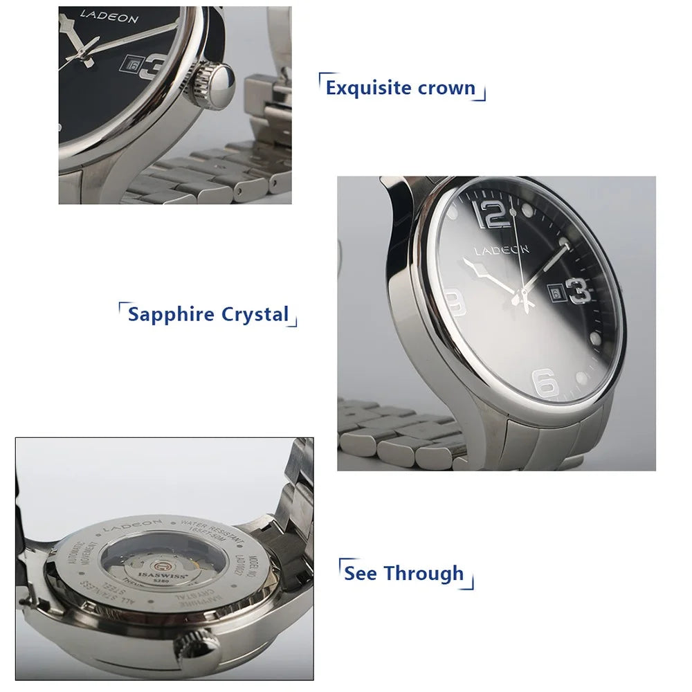 LADEON Sapphire Crystal Glass Waterproof Men Watch Stainless Steel Mechanical Round Wrist Watch - Steel Color LAD10027 - 5