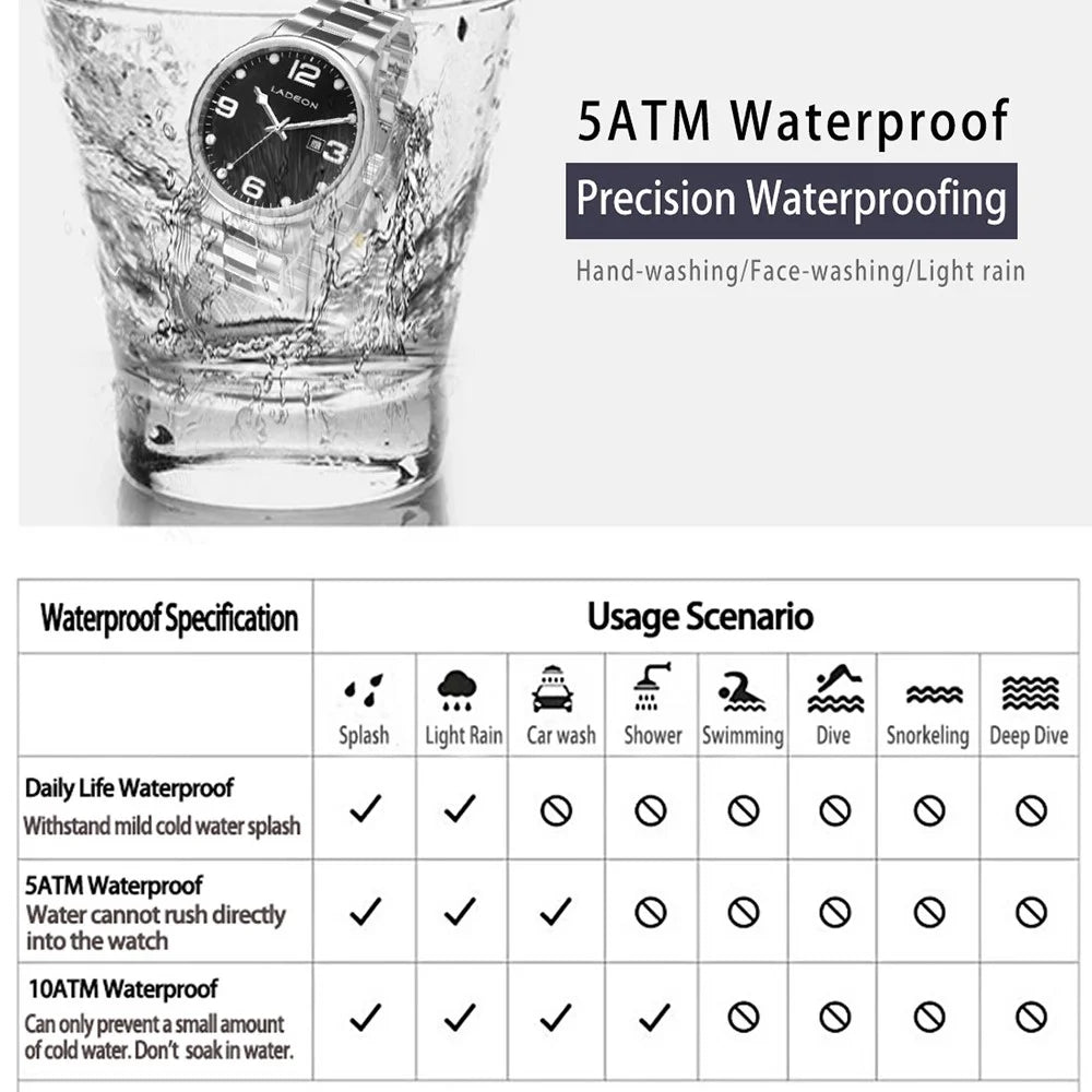LADEON Sapphire Crystal Glass Waterproof Men Watch Stainless Steel Mechanical Round Wrist Watch - Steel Color LAD10027 - 7