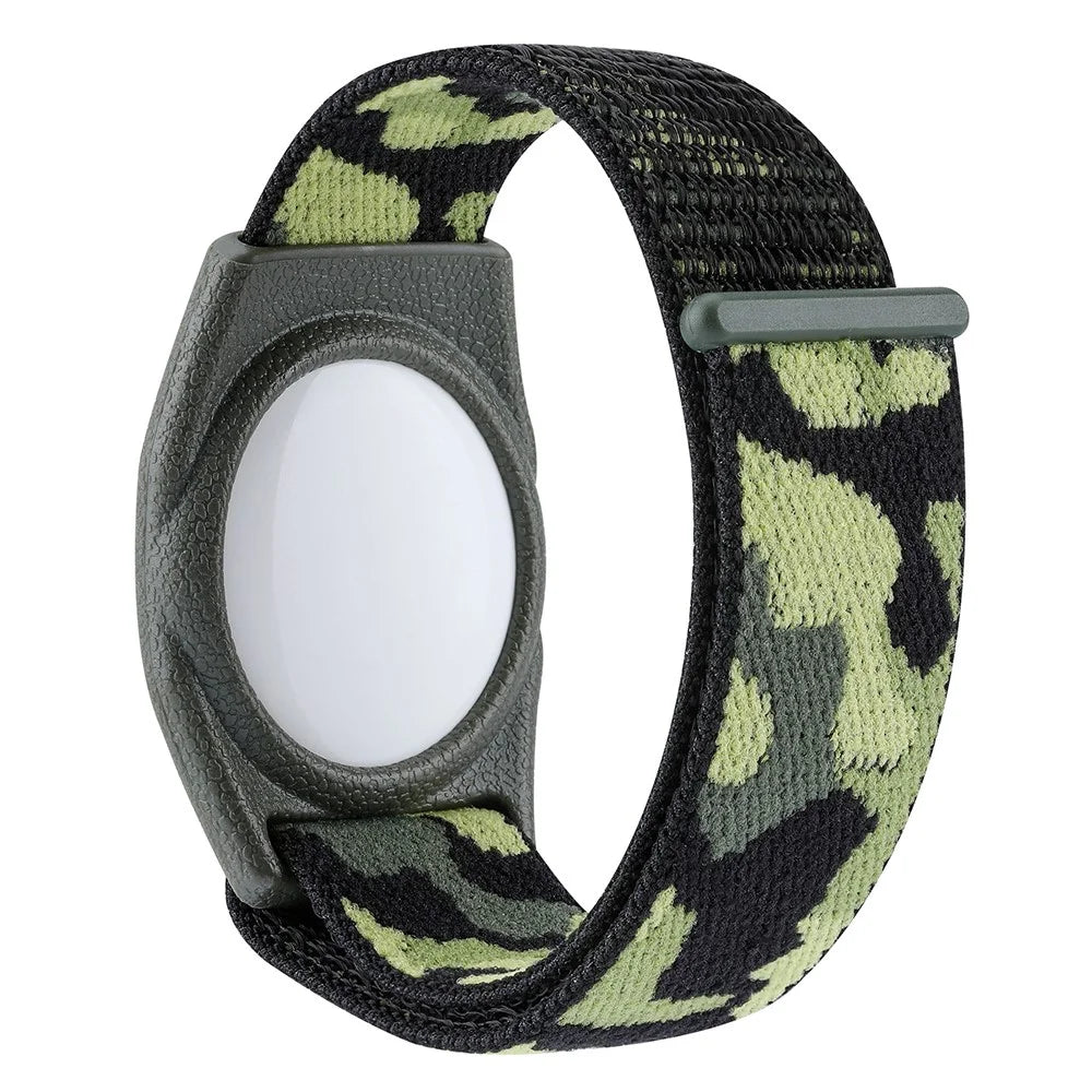 For Apple AirTag Bluetooth-compatible Tracker TPU Case + Loop Fastener Nylon Bracelet Strap, with Front Back Film Set, Adult Type - Army Green Camouflage - 2