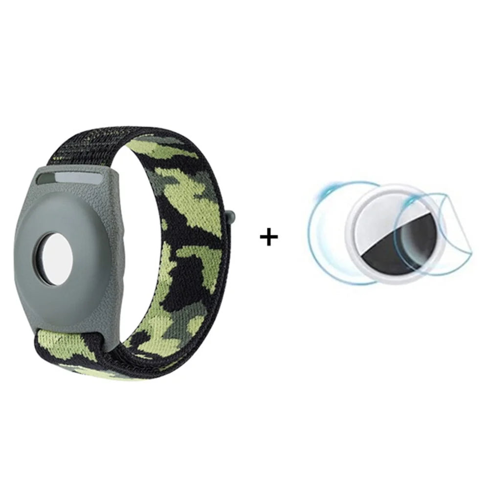 For Apple AirTag Bluetooth-compatible Tracker TPU Case with Loop Fastener Nylon Strap Wrist Band, with Front Back Film Set, Kids Type - Army Green Camouflage - 1