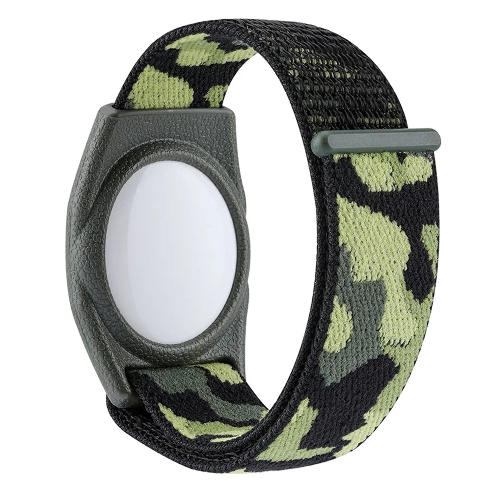 For Apple AirTag Bluetooth-compatible Tracker TPU Case with Loop Fastener Nylon Strap Wrist Band, with Front Back Film Set, Kids Type - Army Green Camouflage - 2