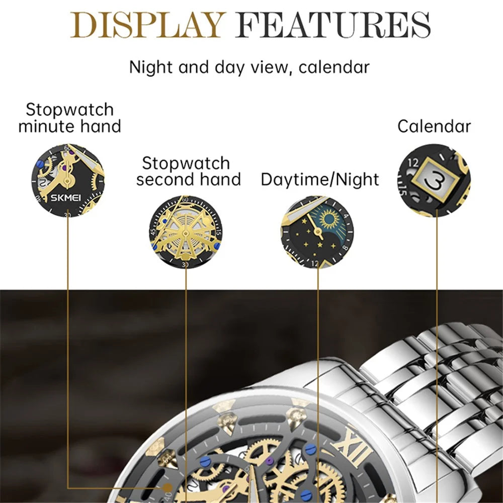 SKMEI 7039 Hollow Dial Design Business Fashion Men Quartz Watch Stopwatch Calendar Wrist Watch - Silver+Black / Steel Strap - 2