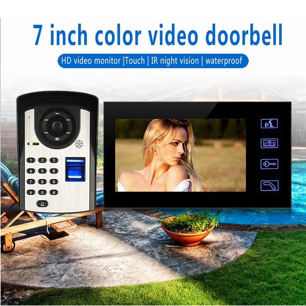 806FD11 7" Monitor HD Video Fingerprint Password Smart Doorbell Camera with Remote Control, US Plug - 2