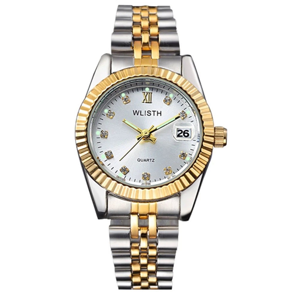 WLISTH Q354 Calendar Display Luminous Couple Quartz Watch with Steel Strap - Gold Splicing Strap+White Dial / Men - 1