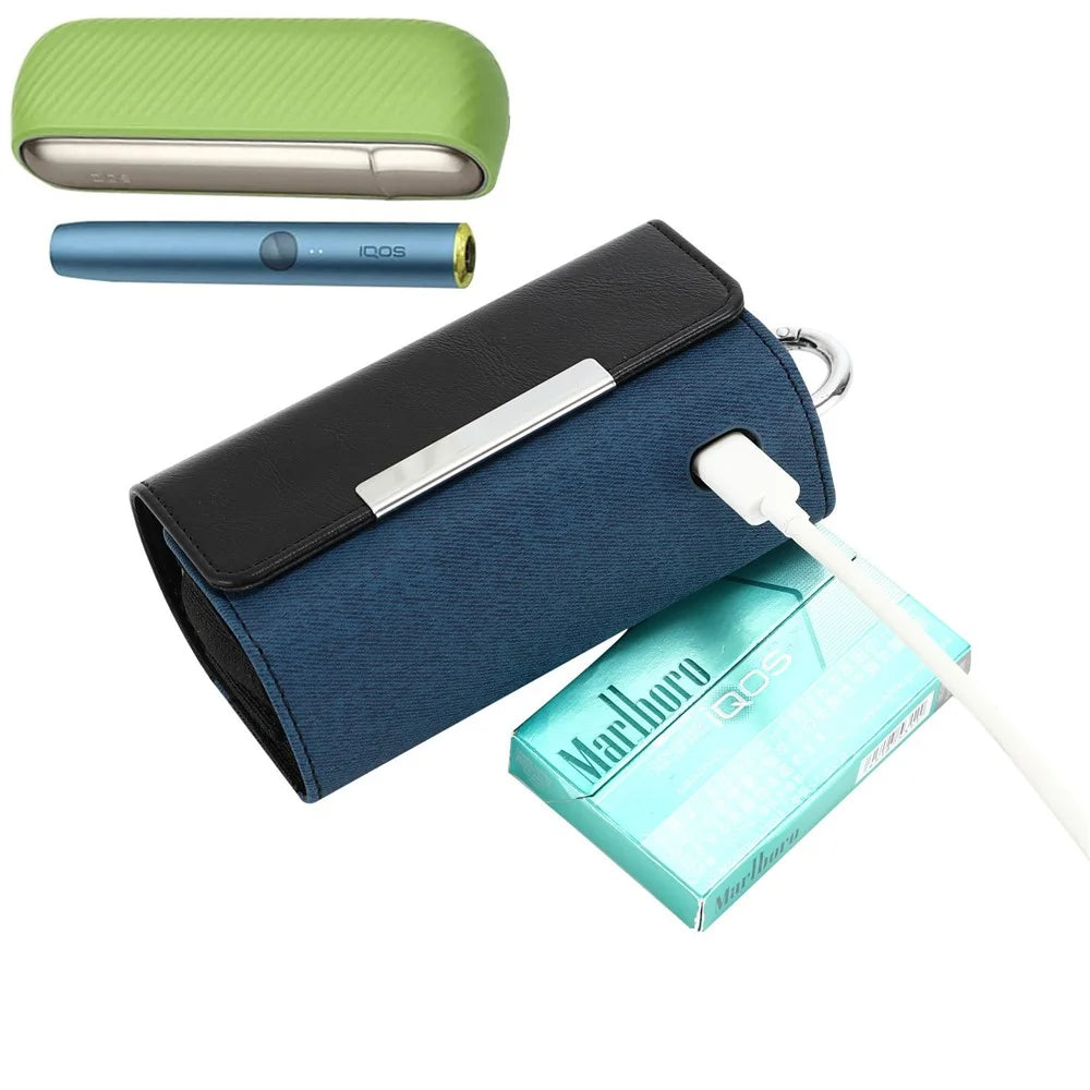 Case for IQOS 3 / 3 Duo , PU Leather Electronic Cigarette Storage Bag with Hook - Sapphire+Denim Dark Blue - 5