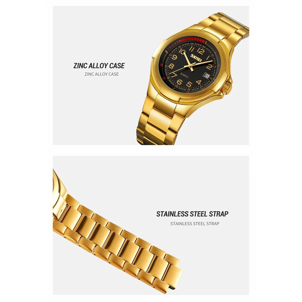 SKMEI 9320 Vintage Date Display Luminous Pointer Quartz Watch with Stainless Steel Strap - Black+Black - 4
