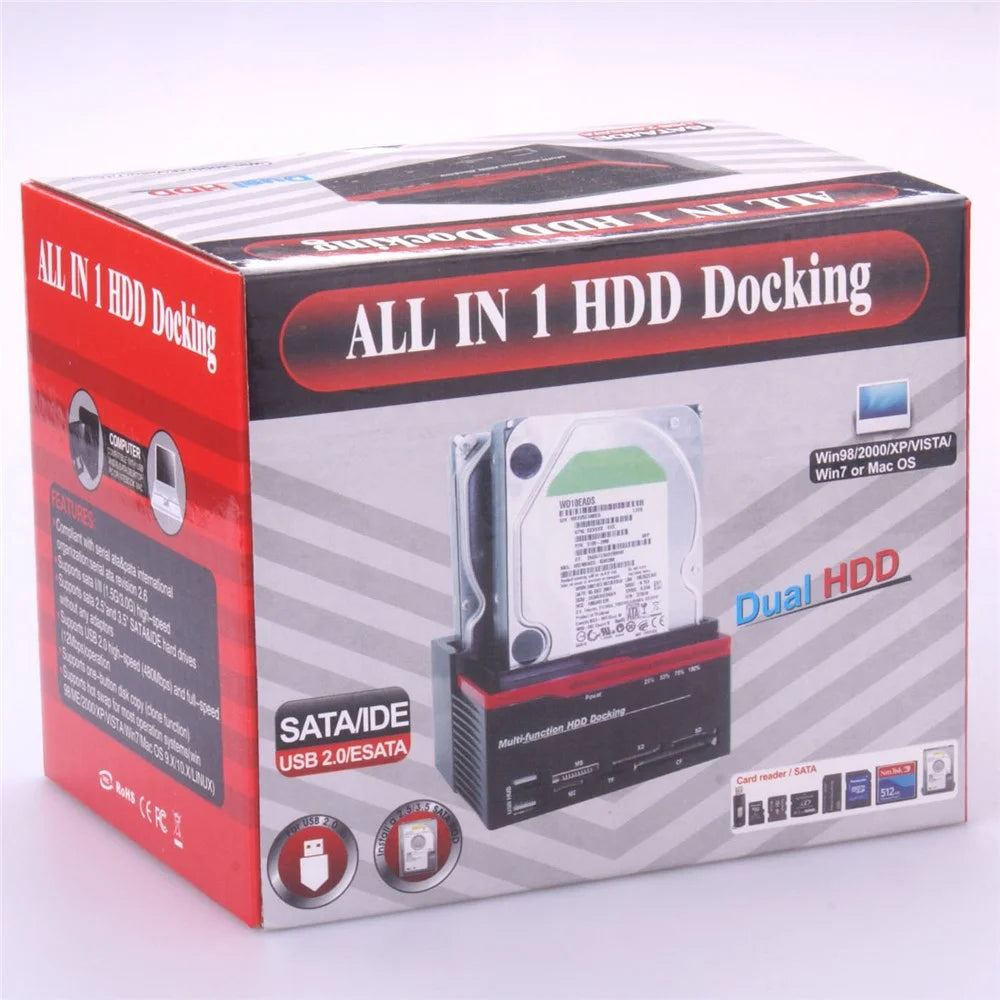 892U2lS For 2.5''/3.5'' HDD IDE SSD SATA I/II/III USB 2.0 to SATA IDE Dual Slots Hard Drive Multifunctional HDD Docking Station with Card Reader - EU Plug - 7