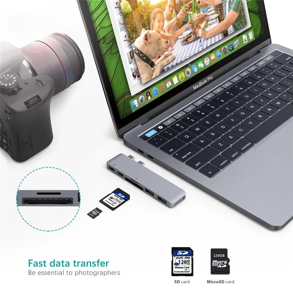 6 in 1 Dual Type-C Hub Adapter SD/TF Card Reader with 2 PD Fast Charging Ports 2 USB 3.0 Ports for MacBook Pro 13" & 15" 2016/2017 - Grey - 2