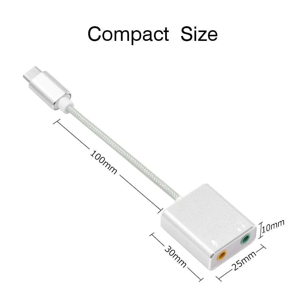 Type-C Audio Adapter External Stereo Sound Card Adapter with 3.5mm Headphone Jack and Microphone Jack - Silver Color - 2