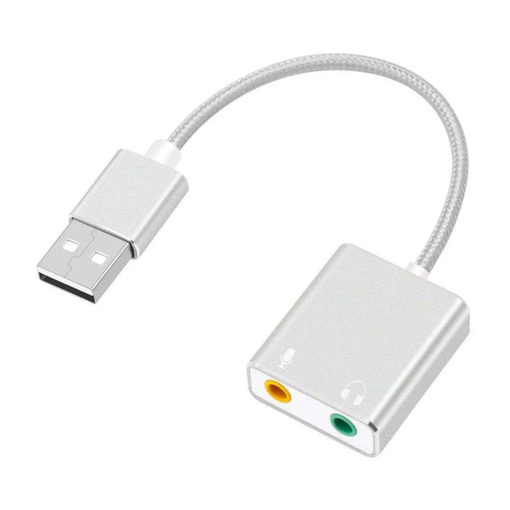 USB Audio Adapter External Stereo Sound Card with 3.5mm Headphone and Microphone Jack - Silver Color - 1