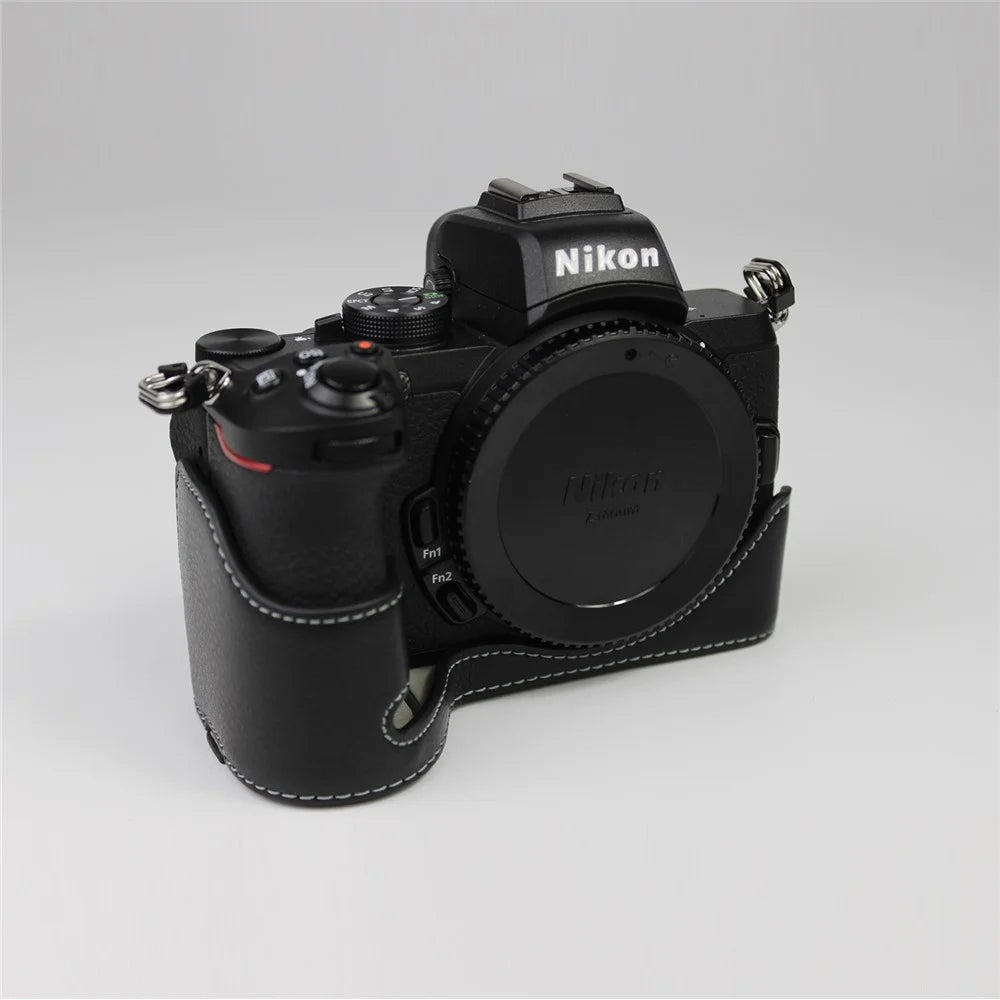 Genuine Leather Half Bottom Camera Protective Case Bag for Nikon Z50 / Z30 - Black - 2