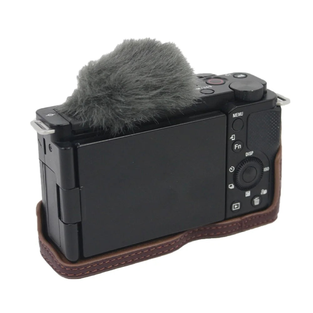 Genuine Leather Camera Bottom Case Protective Half Body Cover with Battery Opening for Sony ZV-E10 - Coffee - 3