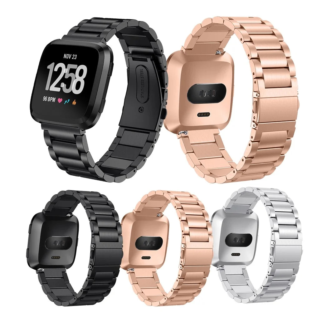 Solid Stainless Steel Watch Band for Fitbit Versa, Three-bead Wrist Strap Replacement - Rose Gold - 7