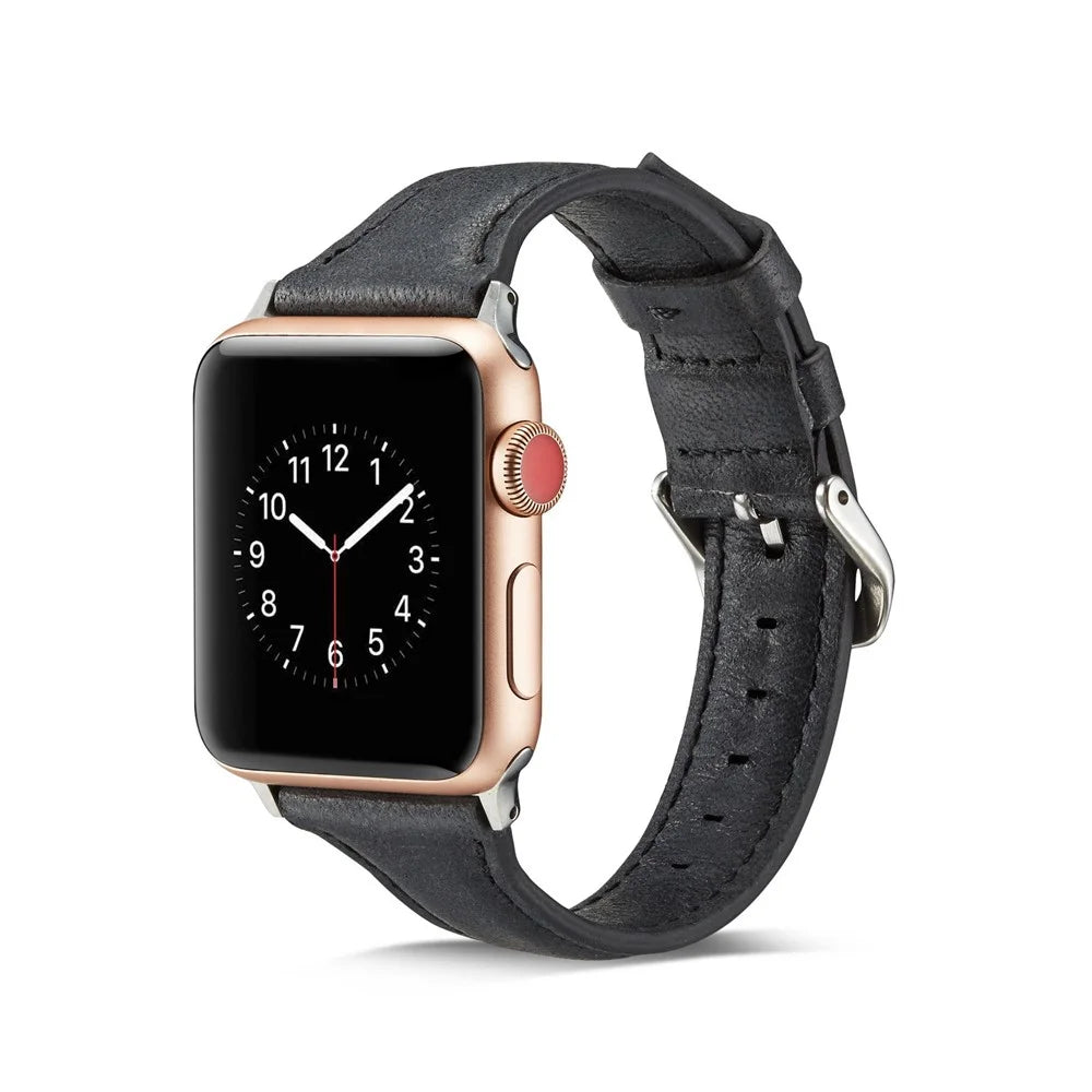 Thin Genuine Leather Watch Strap for Apple Watch Series 11 10 42mm / 9 8 7 41mm / SE3 SE2 SE 6 5 4 40mm / 3 2 1 38mm - Black - 4