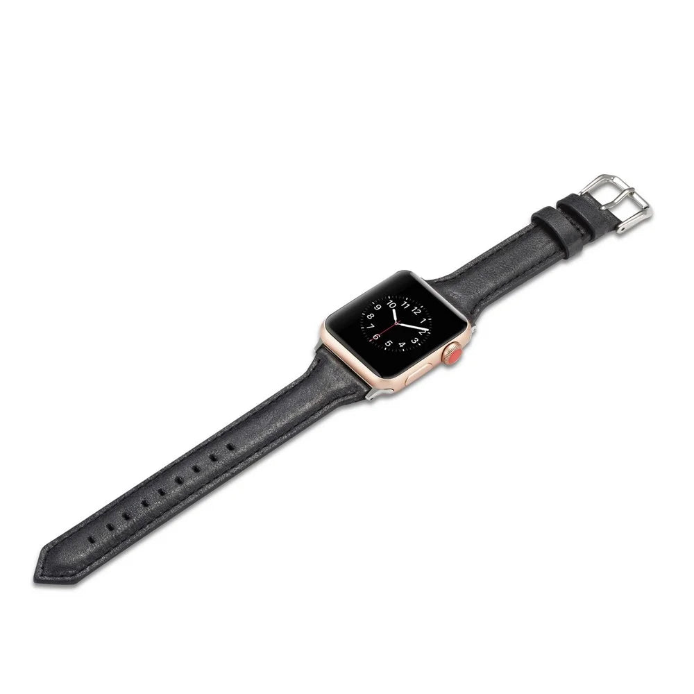 Thin Genuine Leather Watch Strap for Apple Watch Series 11 10 42mm / 9 8 7 41mm / SE3 SE2 SE 6 5 4 40mm / 3 2 1 38mm - Black - 5
