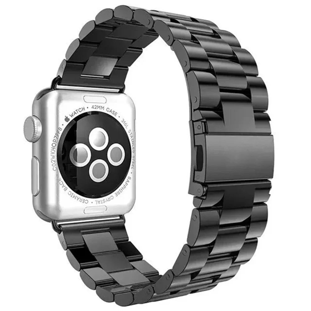 Luxury Three Beads Stainless Steel Watch Strap for Apple Watch Series 11 10 42mm / 9 8 7 41mm / SE3 SE2 SE 6 5 4 40mm / 3 2 1 38mm - All Black - 1