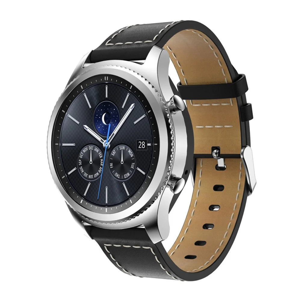For Samsung Gear S3 Frontier 22mm Genuine Leather Watch Band Wrist Strap with White Stitches - Black - 2