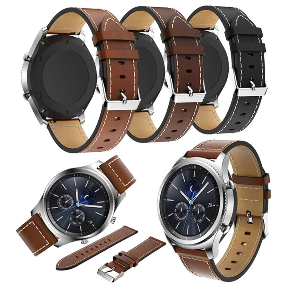 For Samsung Gear S3 Frontier 22mm Genuine Leather Watch Band Wrist Strap with White Stitches - Black - 5