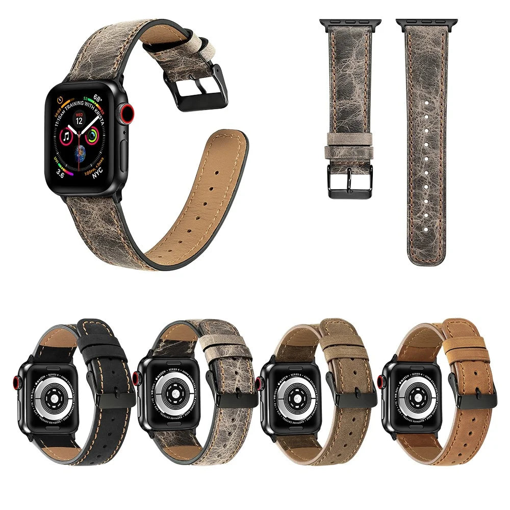 Crackle Texture Genuine Leather Watch Strap for Apple Watch Ultra 3 2 1 49mm / Series 11 10 46mm / 9 8 7 45mm / SE3 SE2 SE 6 5 4 44mm / 3 2 1 42mm - Black - 5