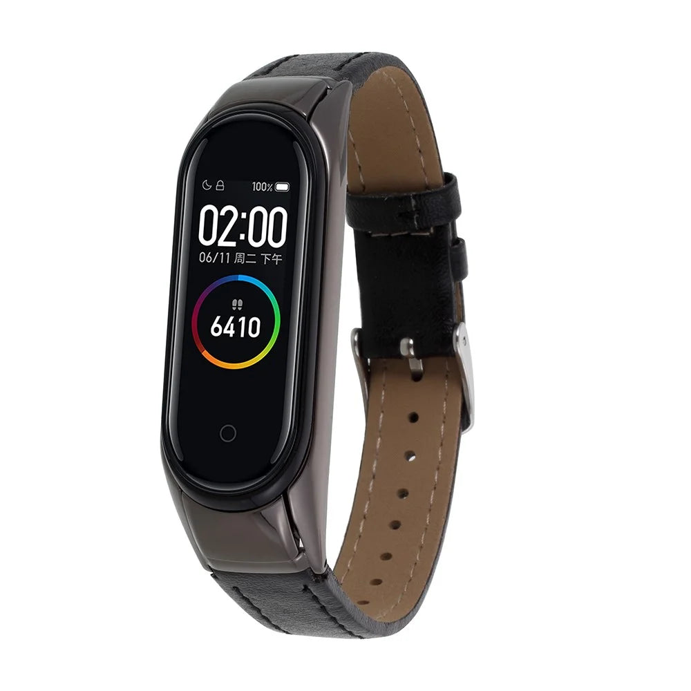 Genuine Leather Watch Strap Watchband for Xiaomi Mi Smart Band 4 - Black - 6