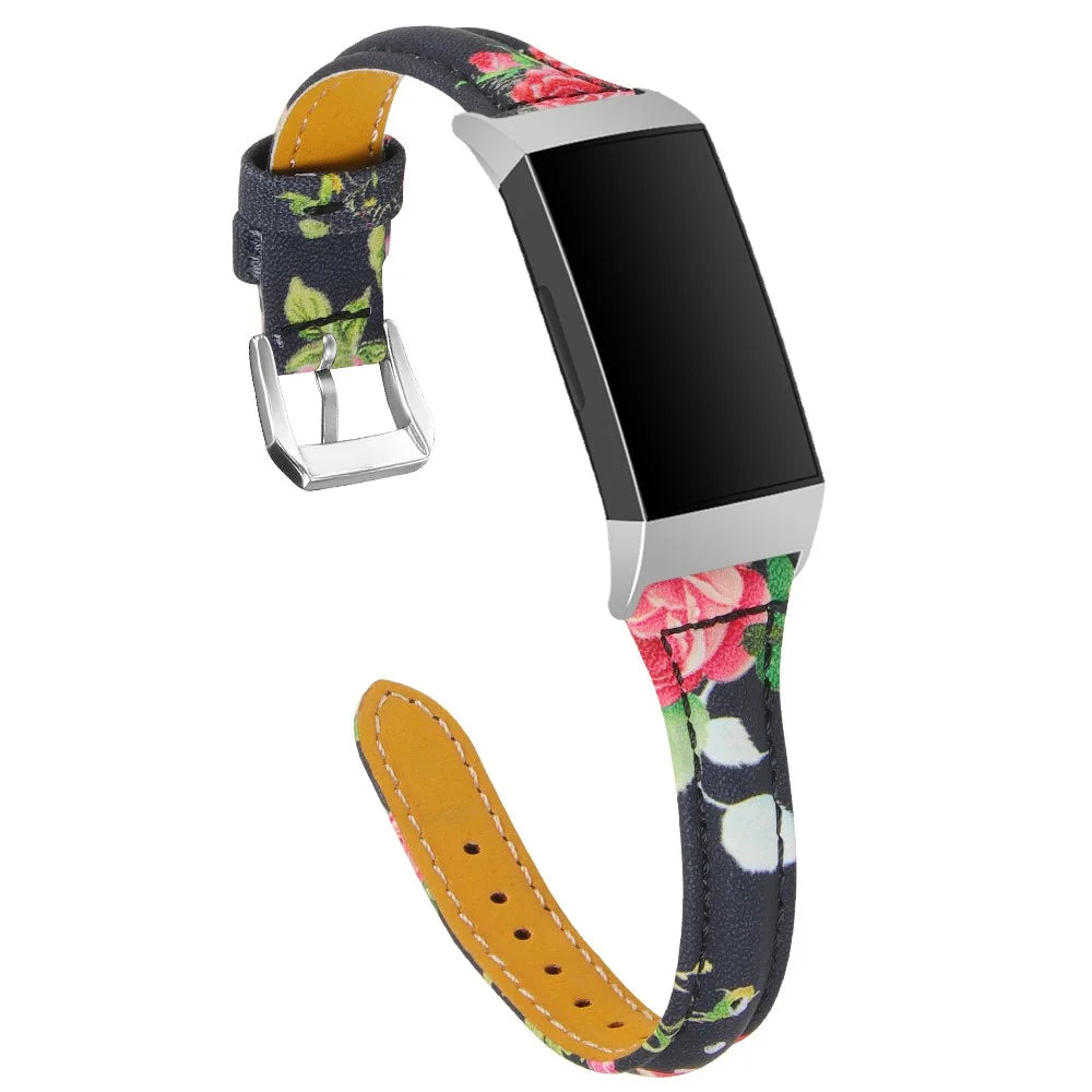 Flower Pattern Genuine Leather Smart Watch Strap Replacement for Fitbit Charge 4 / 3 - Style A - 2