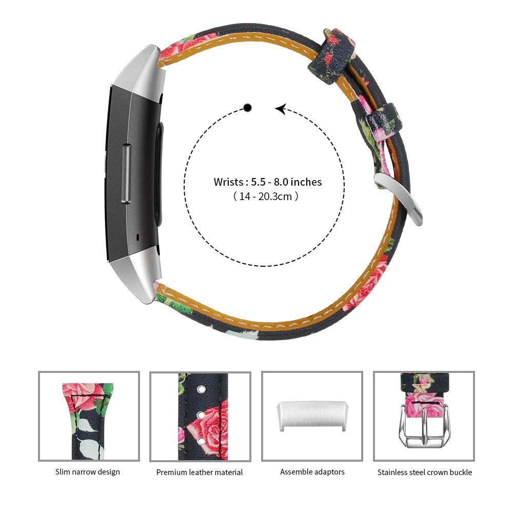 Flower Pattern Genuine Leather Smart Watch Strap Replacement for Fitbit Charge 4 / 3 - Style A - 3