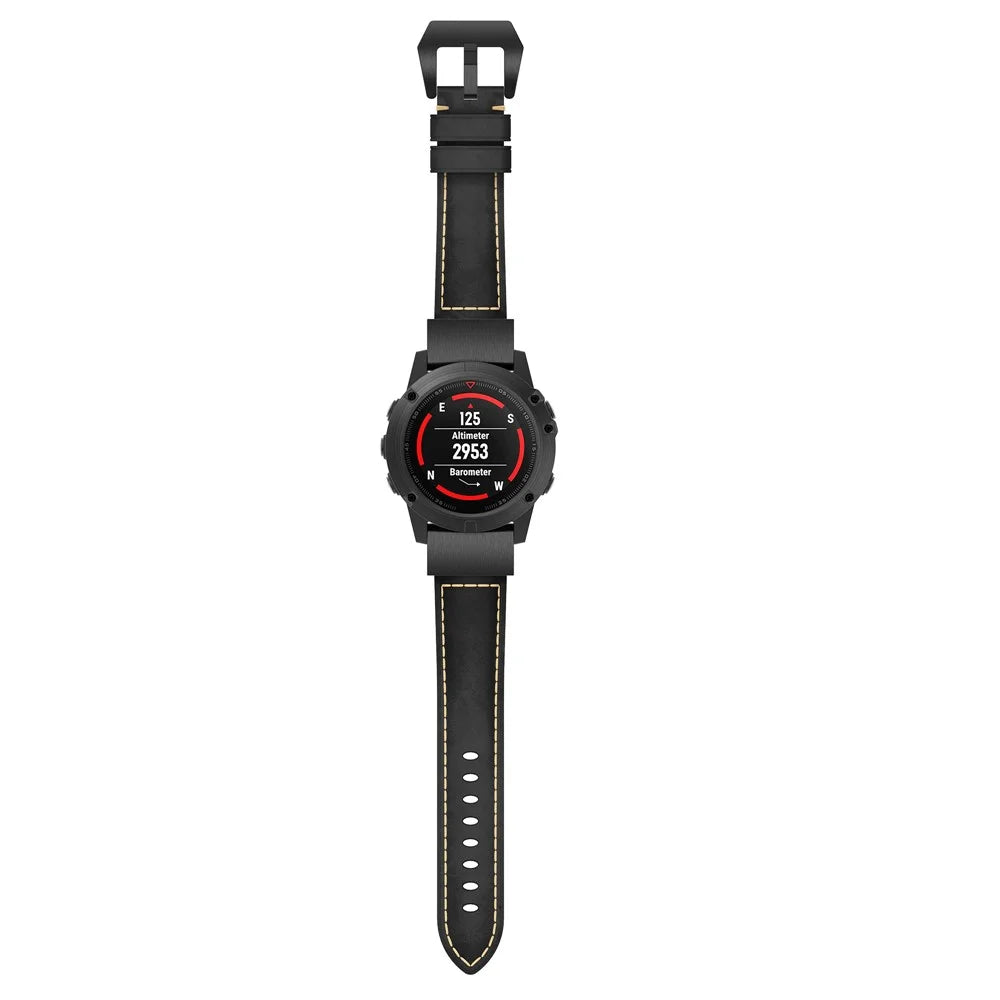 For Garmin Fenix 5X Genuine Cow Leather Watch Band Adjustable Wrist Strap Replacement - Black - 2