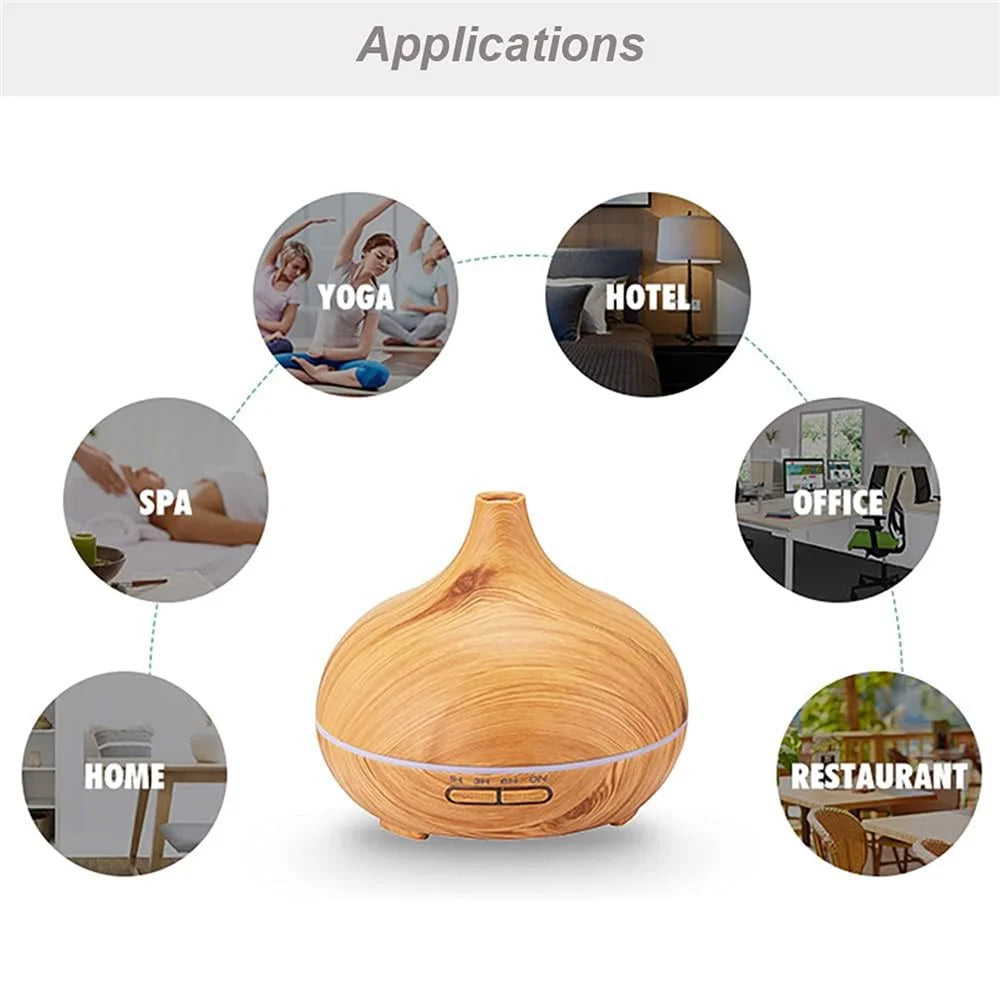 7-Color LED Light Essential Oil Mist Diffuser 300ml Wood Grain Aromatherapy Air Humidifier - Brown / EU Plug - 7